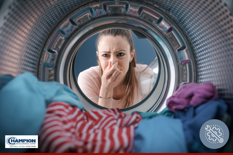 woman smelling mildew in her washer