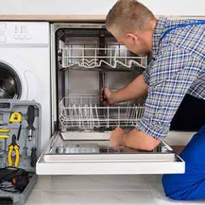 a technician repairs a dishwasher